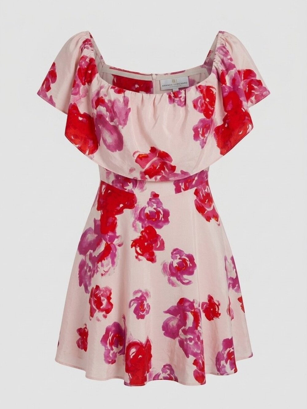 Amanda Uprichard Silk Pink & Red watercolor mini dress L Off shoulder Coquette